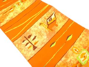 横段に抽象花鳥模様織り出し　名古屋帯